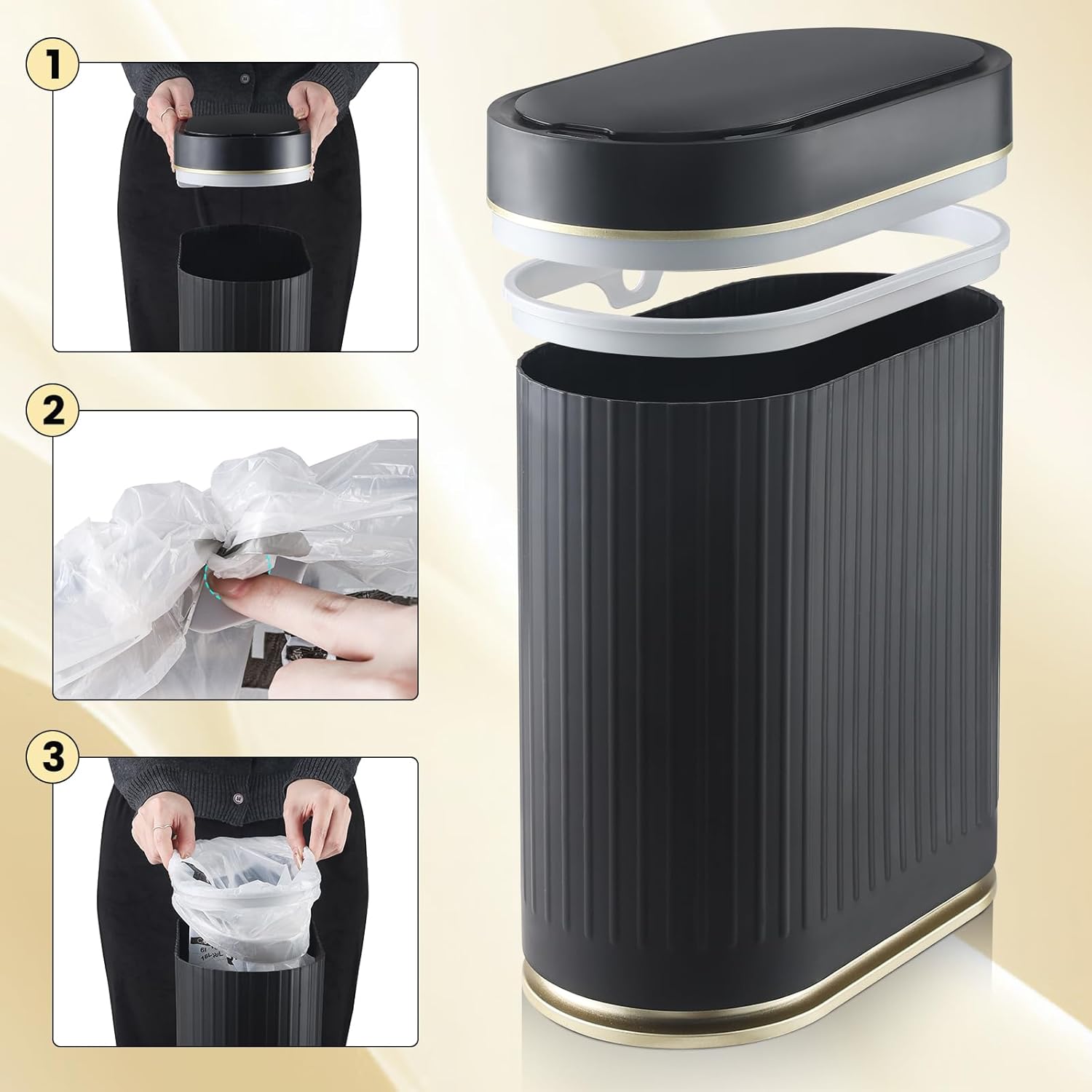ELPHECO 2Gallons Bathroom Trash Can with Lid Automatic Garbage Can Slim Smart Trash Can, Small Plastic Trash Bin, Narrow Motion Sensor Trash Can for Bedroom, Bathroom, Kitchen, Office
