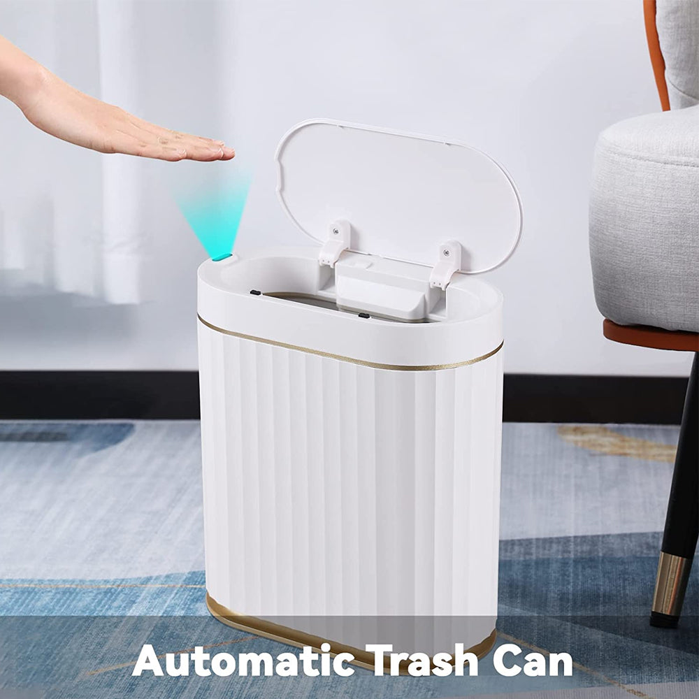 ELPHECO 2Gallons Bathroom Trash Can with Lid Automatic Garbage Can Slim Smart Trash Can, Small Plastic Trash Bin, Narrow Motion Sensor Trash Can for Bedroom, Bathroom, Kitchen, Office