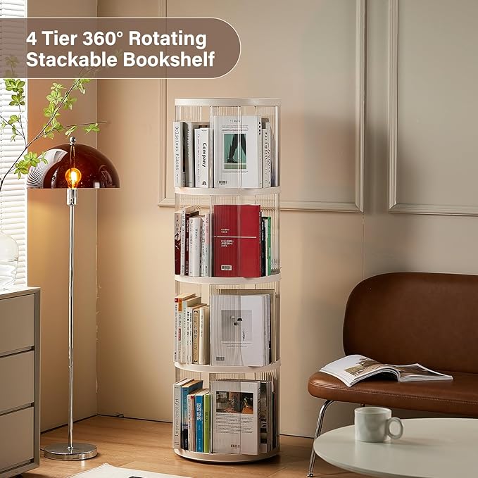 ELPHECO 4 Tiers 360 degrees Rotating Round Floor Standing Plastic Corner Bookshelves Bookcases display case