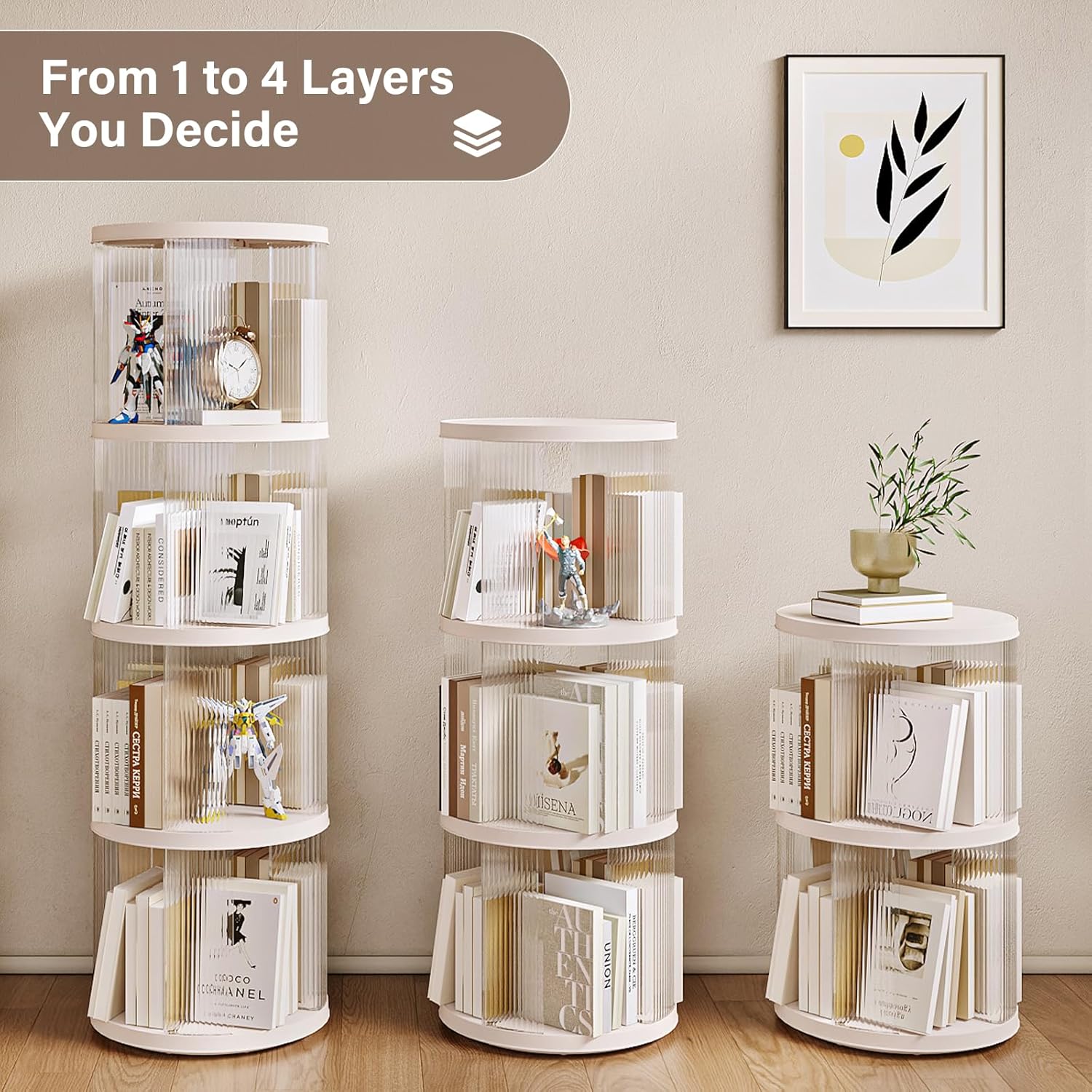 ELPHECO 4 Tiers 360 degrees Rotating Round Floor Standing Plastic Corner Bookshelves Bookcases display case