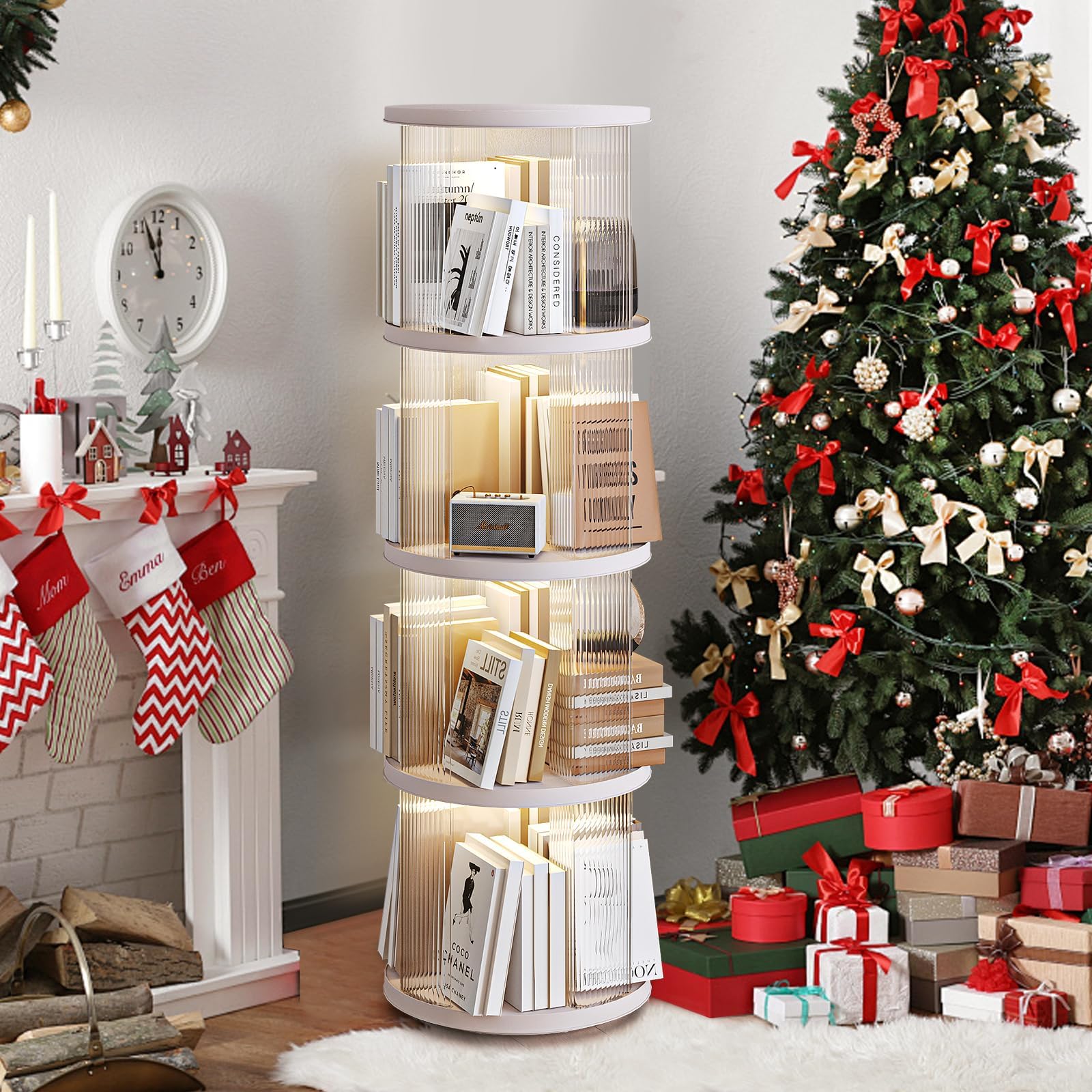 ELPHECO 4 Tiers 360 degrees Rotating Round Floor Standing Plastic Corner Bookshelves Bookcases display case
