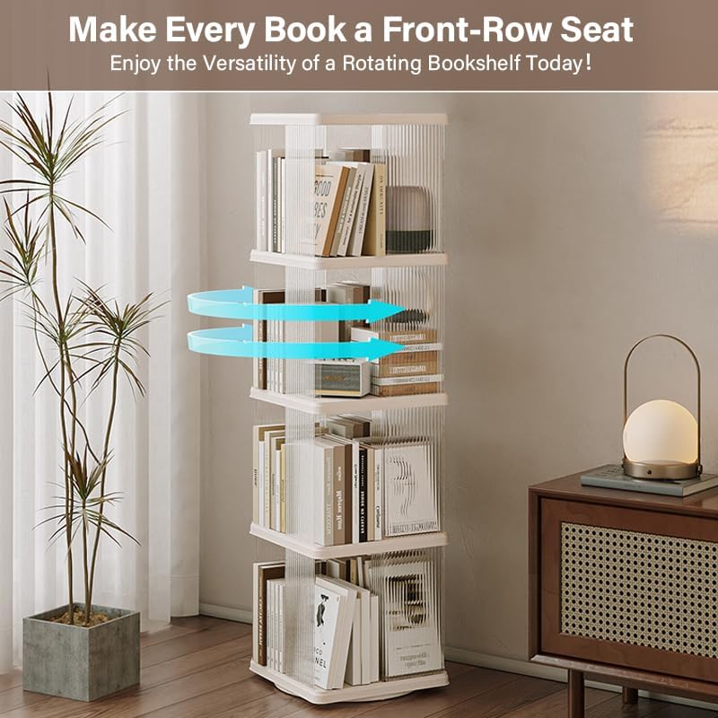 ELPHECO 4 Tiers 360 degrees Rotating Square Floor Standing Plastic Corner Bookshelves Bookcases display case