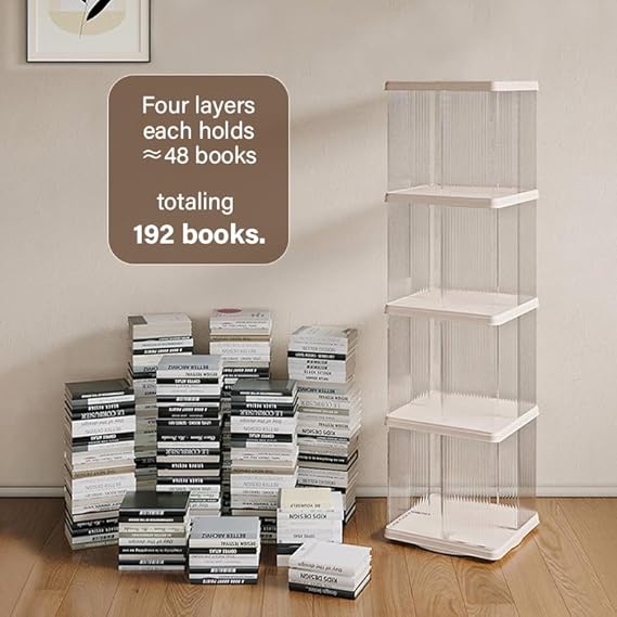 ELPHECO 4 Tiers 360 degrees Rotating Square Floor Standing Plastic Corner Bookshelves Bookcases display case