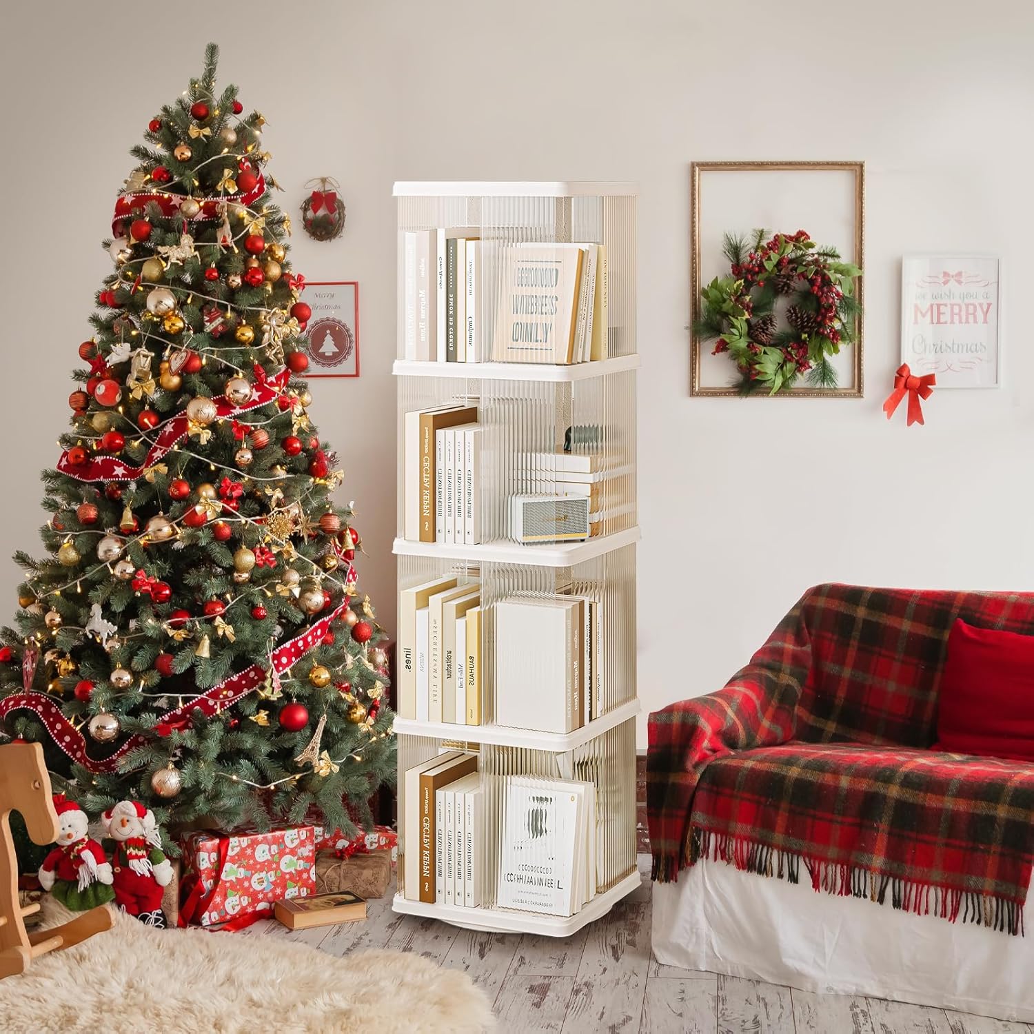 ELPHECO 4 Tiers 360 degrees Rotating Square Floor Standing Plastic Corner Bookshelves Bookcases display case