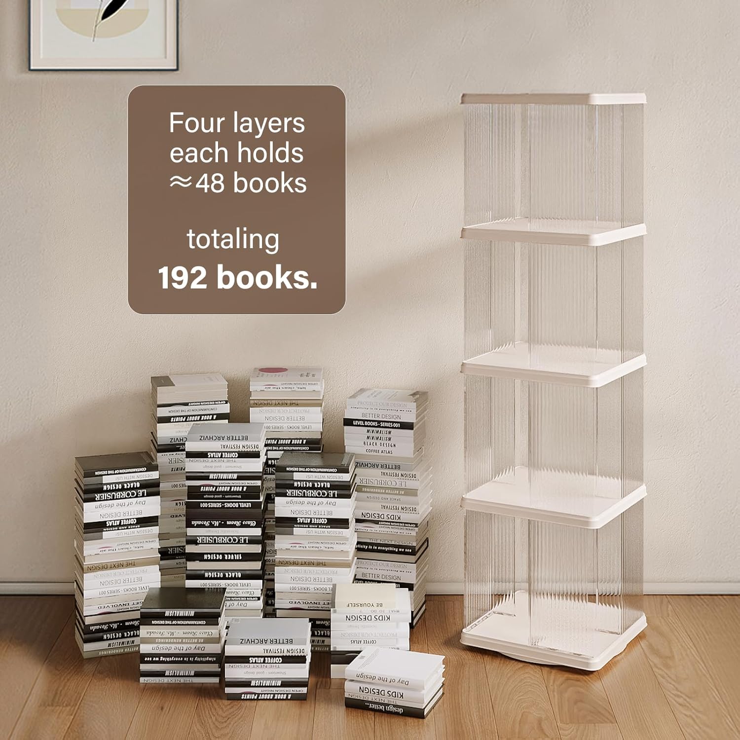 ELPHECO 4 Tiers 360 degrees Rotating Square Floor Standing Plastic Corner Bookshelves Bookcases display case