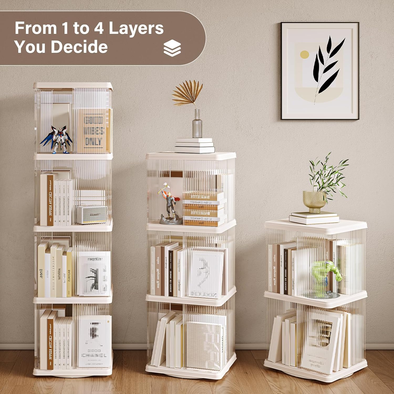 ELPHECO 4 Tiers 360 degrees Rotating Square Floor Standing Plastic Corner Bookshelves Bookcases display case