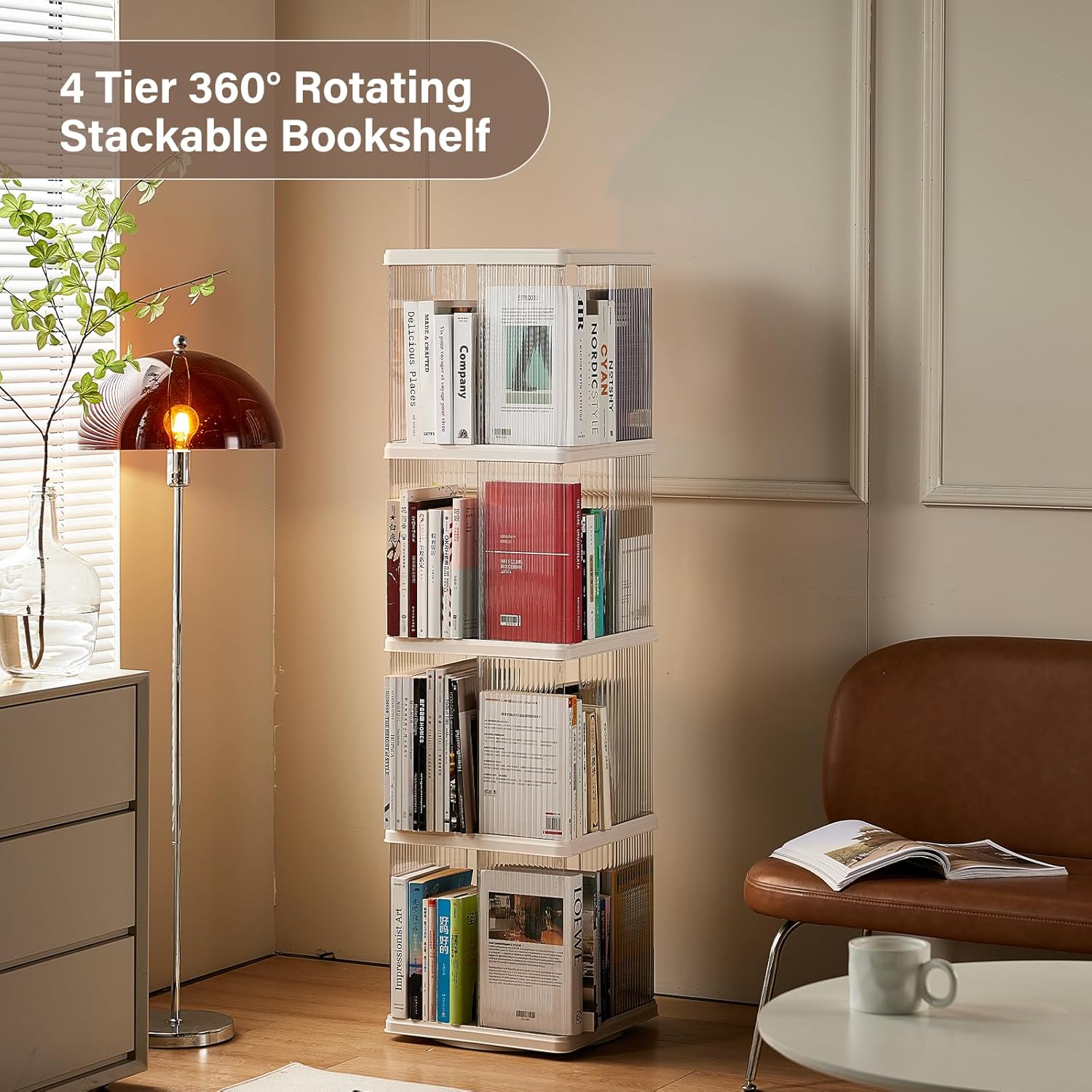 ELPHECO 4 Tiers 360 degrees Rotating Square Floor Standing Plastic Corner Bookshelves Bookcases display case