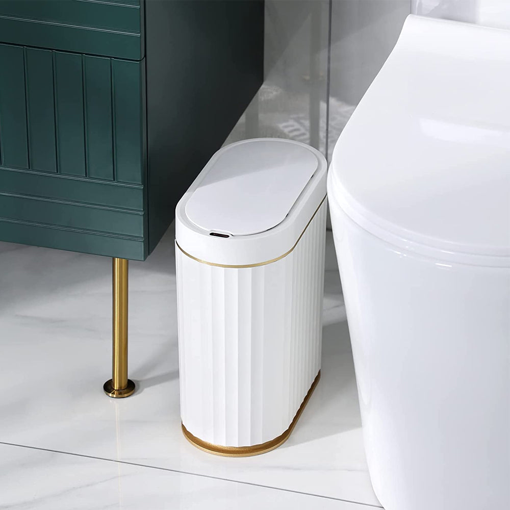 ELPHECO 2Gallons Bathroom Trash Can with Lid Automatic Garbage Can Slim Smart Trash Can, Small Plastic Trash Bin, Narrow Motion Sensor Trash Can for Bedroom, Bathroom, Kitchen, Office