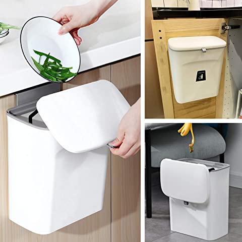 ELPHECO Kitchen Compost Bin 9L Hanging Trash Can with Lid Slide Open, Kitchen Cabinet Door Under Sink Plastic Compost Bin