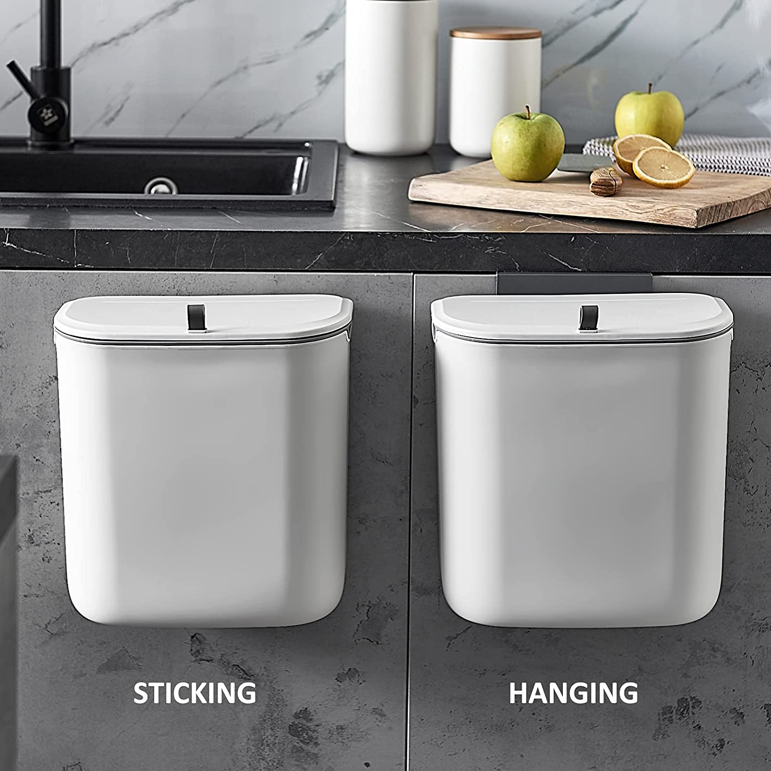 ELPHECO Kitchen Compost Bin 9L Hanging Trash Can with Lid Slide Open, Kitchen Cabinet Door Under Sink Plastic Compost Bin